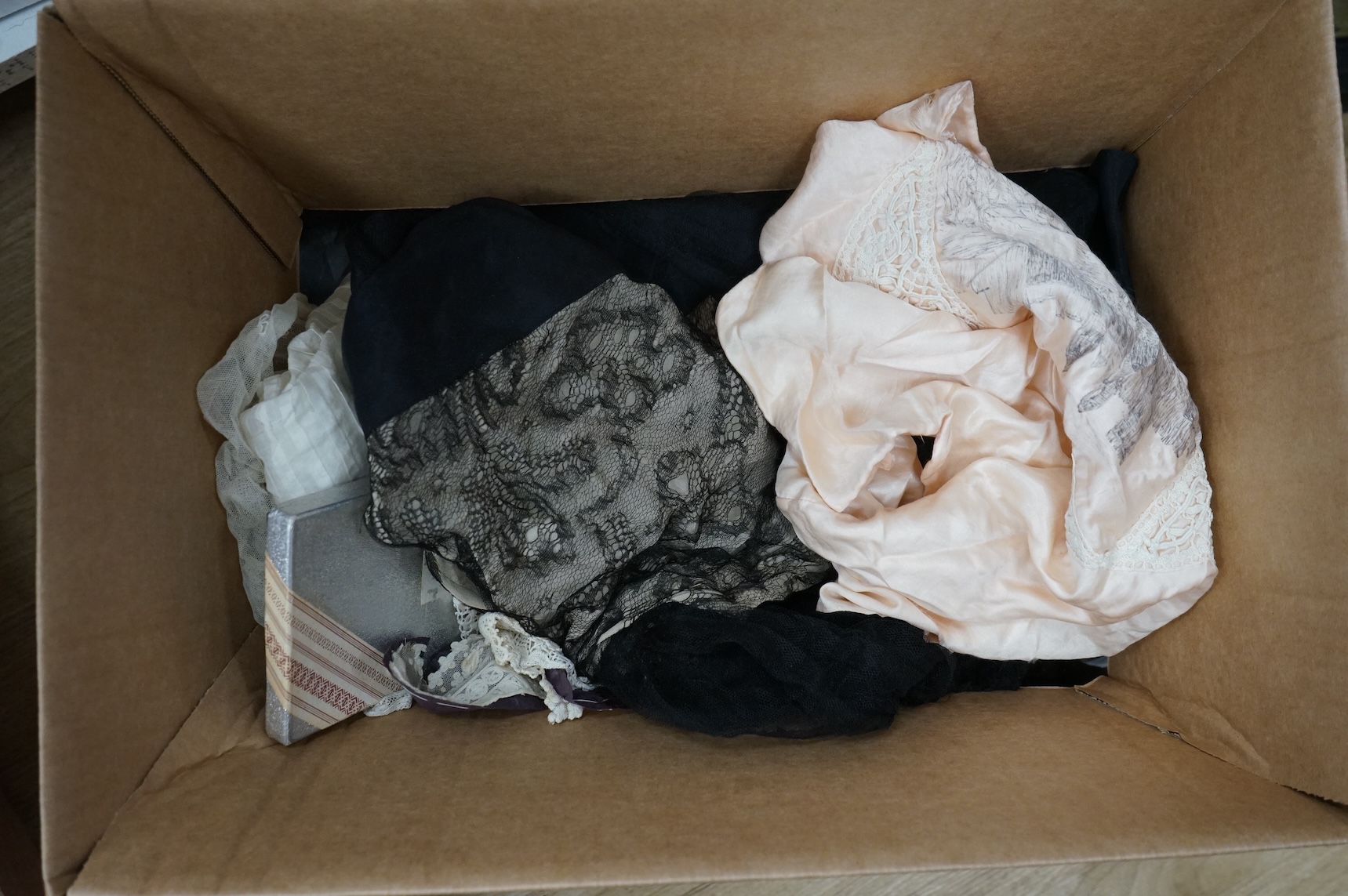 Mixed Victorian white under clothing, black lace dress trimmings etc, useful for theatre and film
